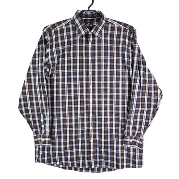 Mens Stafford Brown & Blue Plaid Shirt Long Sleeve Easy Care Size X-Tall 18.5 - Picture 1 of 7